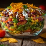 Taco-Salat mit Hackfleisch, frischem Gemüse und Tortilla-Chips in Schüssel serviert