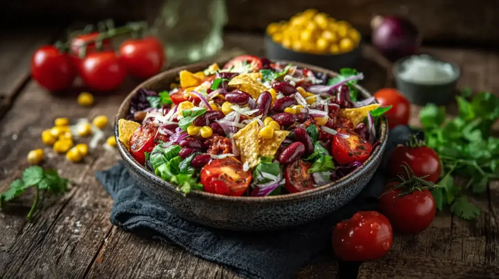 Taco-Salat in Schüssel, umgeben von Mais, Kidneybohnen und Tomaten, frisches Food-Foto