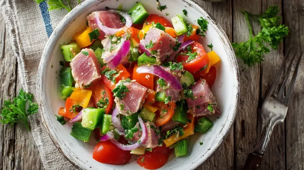 Sommerlicher Thunfischsalat mit Paprika, Tomaten und Petersilie