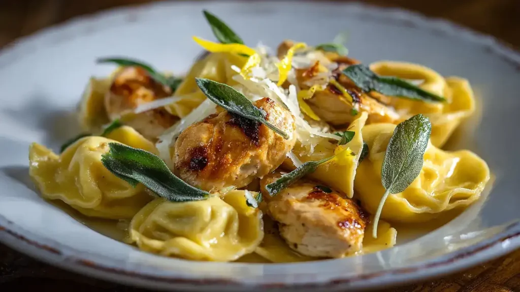 Tortelli mit Hähnchen, Salbei und Knoblauch in brauner Buttersoße Tortelli mit Hähnchen, Salbei und Knoblauch in brauner Butter serviert