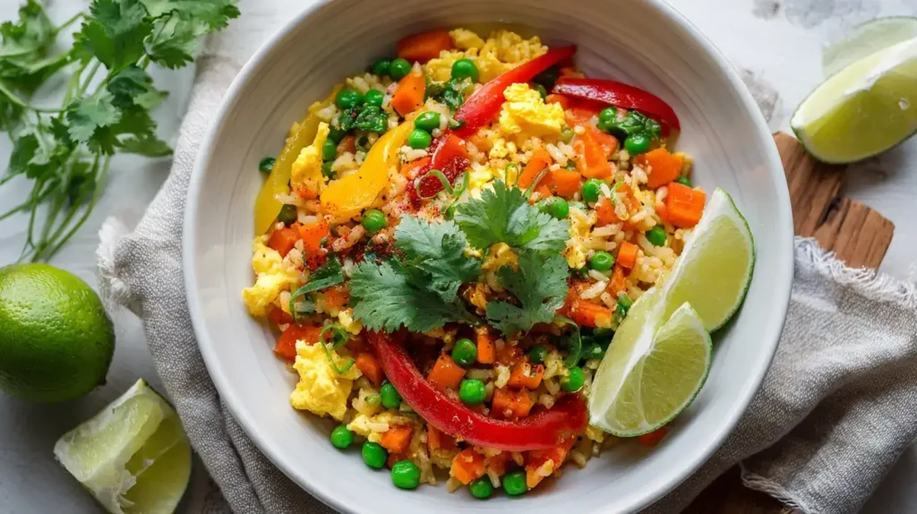 Vegetarisches Nasi Goreng mit buntem Gemüse und Ei auf Teller serviert