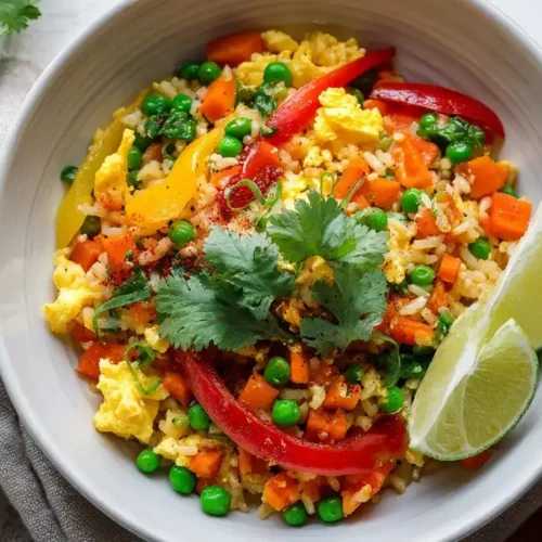 Vegetarisches Nasi Goreng mit buntem Gemüse und Ei auf Teller serviert