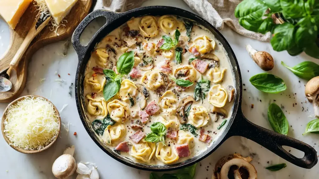 Cremige Tortellini alla Panna mit Sahne, Schinken und Champignons in einer Pfanne, garniert mit Basilikum