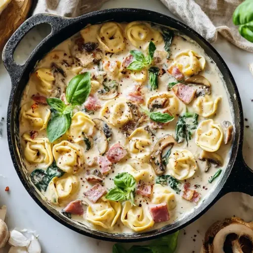 Cremige Tortellini alla Panna mit Sahne, Schinken und Champignons in einer Pfanne, garniert mit Basilikum