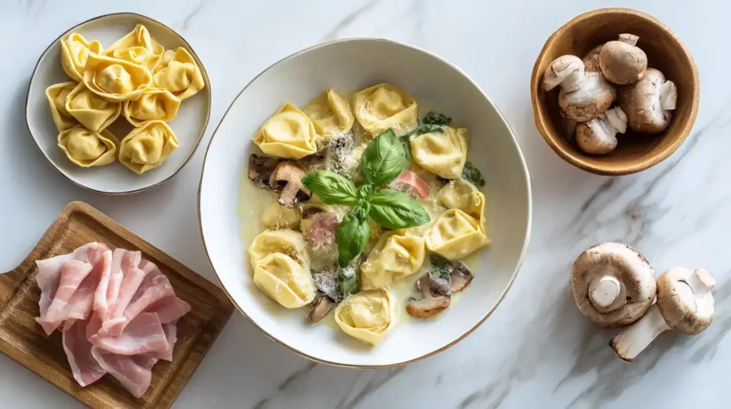 Tortellini alla Panna Rezept mit Hauptzutaten - frische Tortellini, Champignons und Schinken