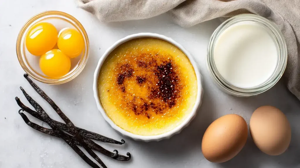 Nahaufnahme einer Crème brûlée beim Aufbrechen der knusprigen Karamellkruste, samtige Vanillecreme darunter sichtbar