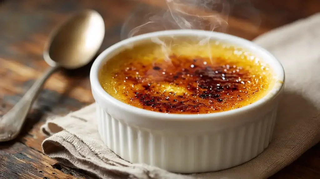 Crème brûlée in weißem Förmchen mit glänzender, goldener Karamellkruste auf rustikalem Holztisch, angerichtet mit kleinem Löffel
