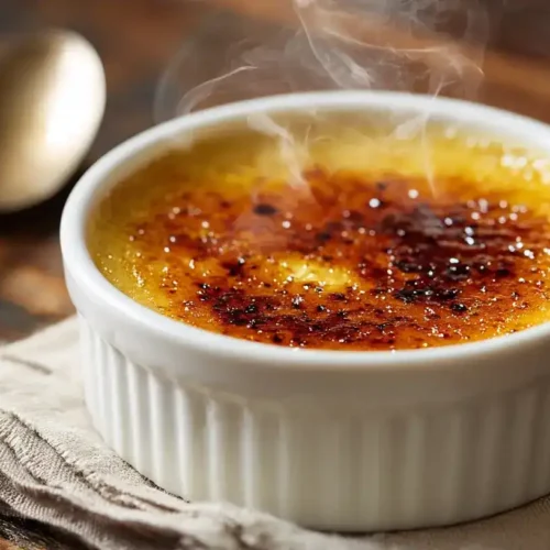 Crème brûlée in weißem Förmchen mit glänzender, goldener Karamellkruste auf rustikalem Holztisch, angerichtet mit kleinem Löffel