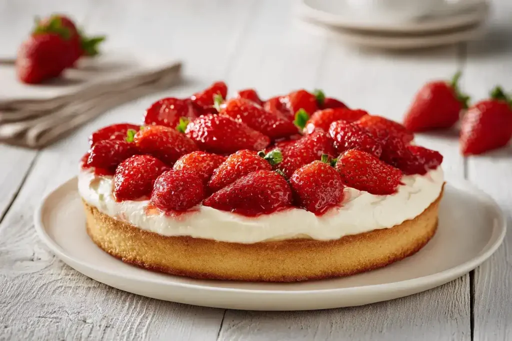 Erdbeerkuchen mit Mascarpone-Creme auf hellem Teller, frisch und sommerlich angerichtet