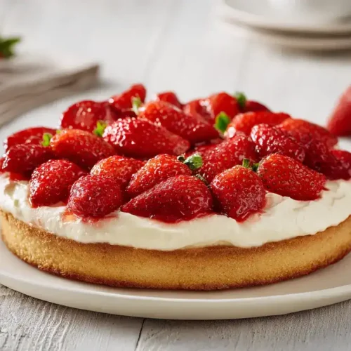 Erdbeerkuchen mit Mascarpone-Creme auf hellem Teller, frisch und sommerlich angerichtet