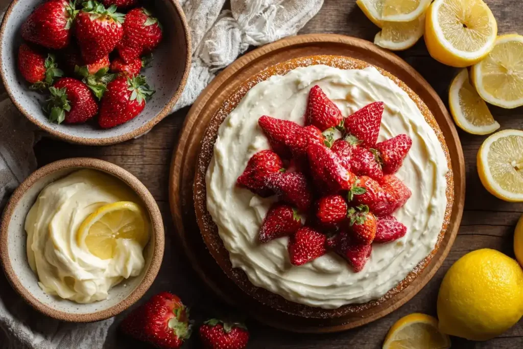 Einzelnes Stück Erdbeerkuchen mit Mascarpone-Creme und frischen Erdbeeren