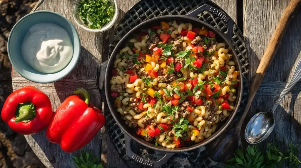 Hackpfanne mit Nudeln, Paprika und Lauch, garniert mit Petersilie und Creme Fraiche