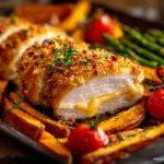 Hähnchenbrust Cordon bleu Art mit knusprigem Grillgemüse auf Blech serviert