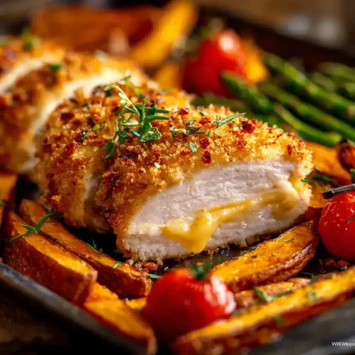 Hähnchenbrust Cordon bleu Art mit knusprigem Grillgemüse auf Blech serviert