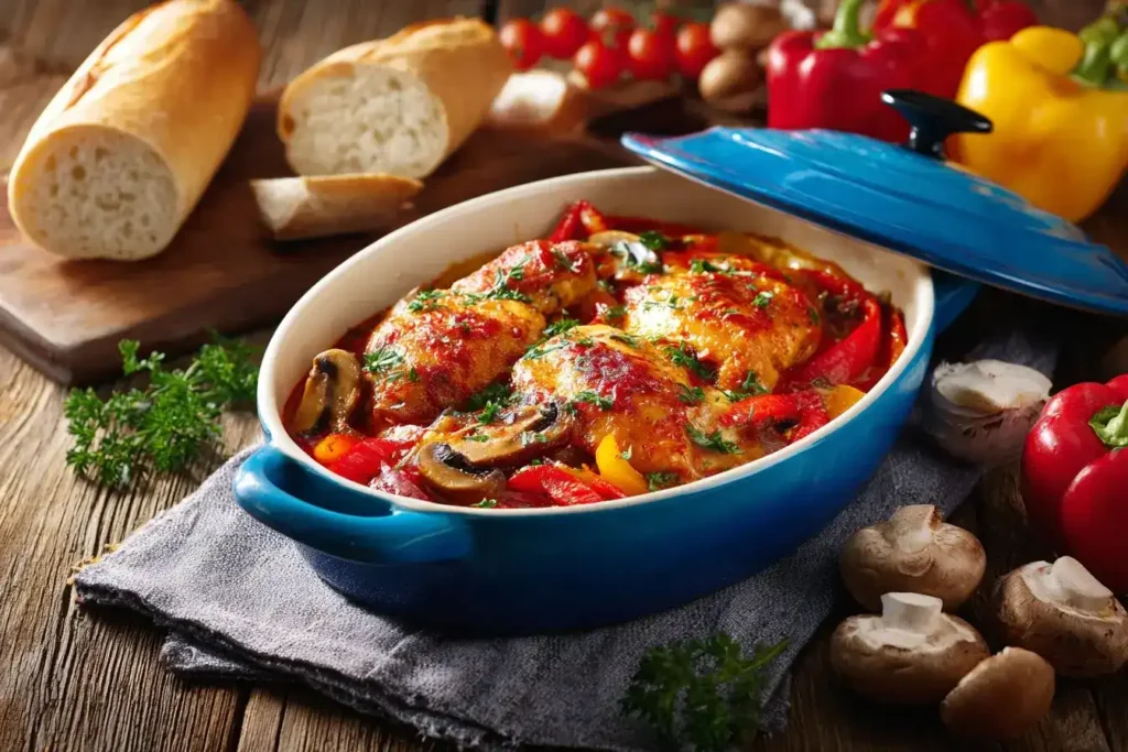 Saftige Hähnchenbrust im Ofen mit Paprika, Champignons und Schmandsoße