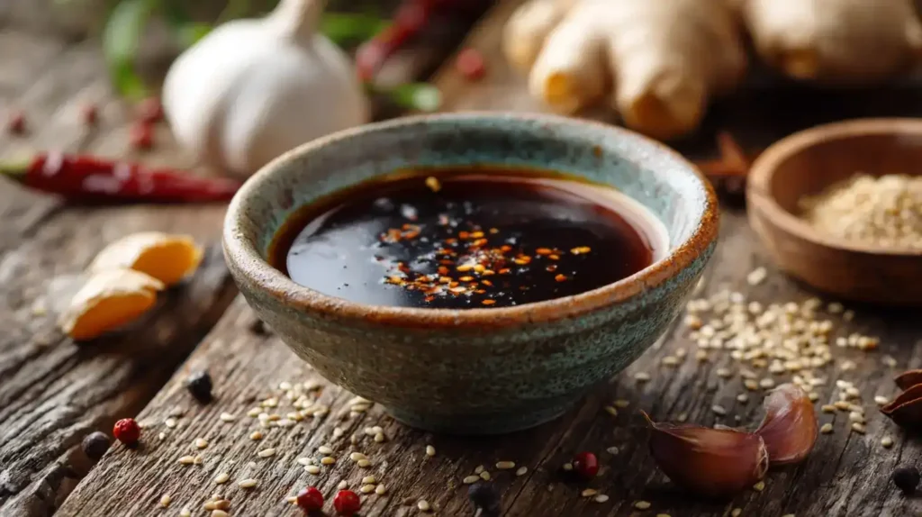 Hausgemachte Teriyaki-Sauce in einer Schale mit glänzender brauner Farbe