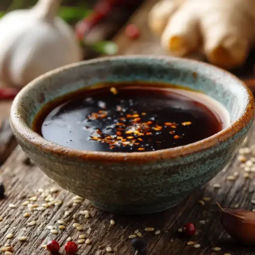 Hausgemachte Teriyaki-Sauce in einer Schale mit glänzender brauner Farbe