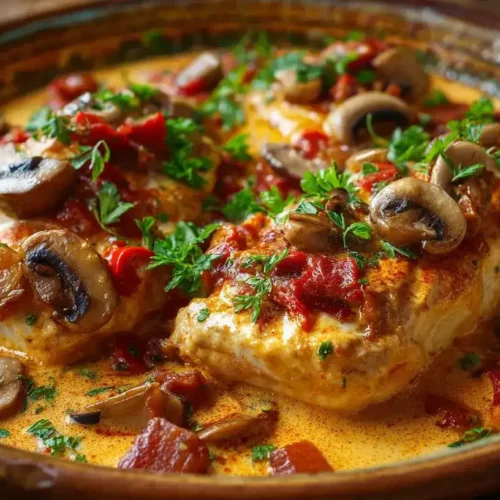 Herzhafte Hähnchenbrust im Backofen mit cremiger Soße und Paprika