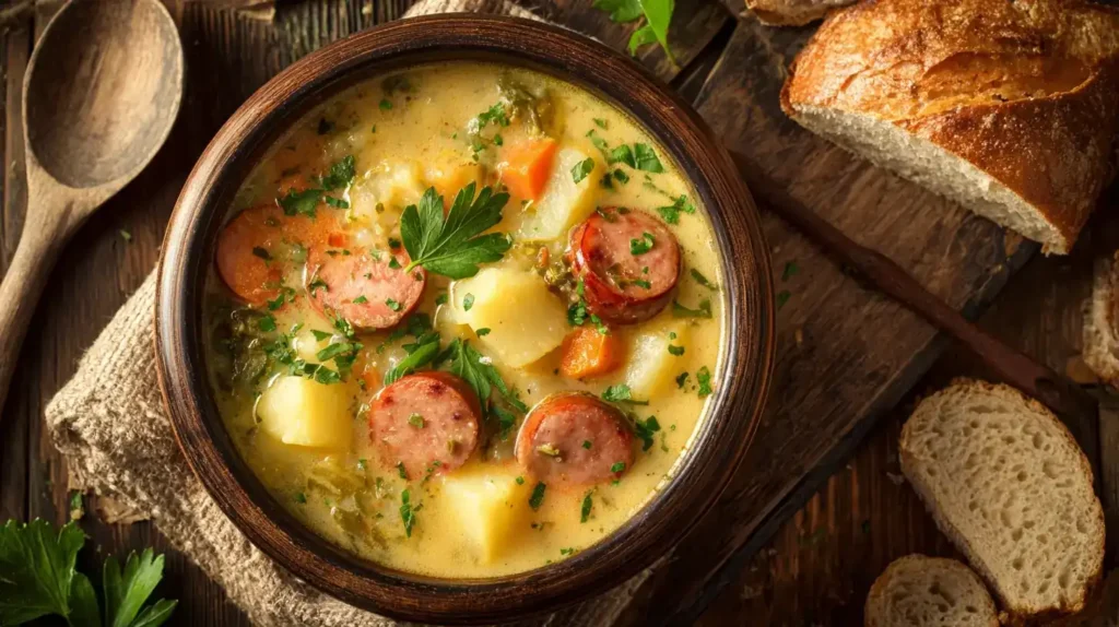 Kartoffelsuppe mit Würstchen in rustikaler Schale serviert