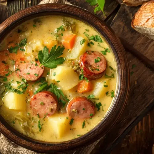 Kartoffelsuppe mit Würstchen in rustikaler Schale serviert