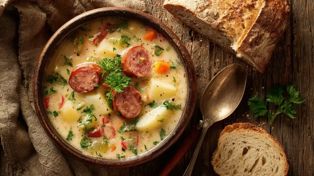 Cremige Kartoffelsuppe mit Würstchen und Petersilie Nahaufnahme