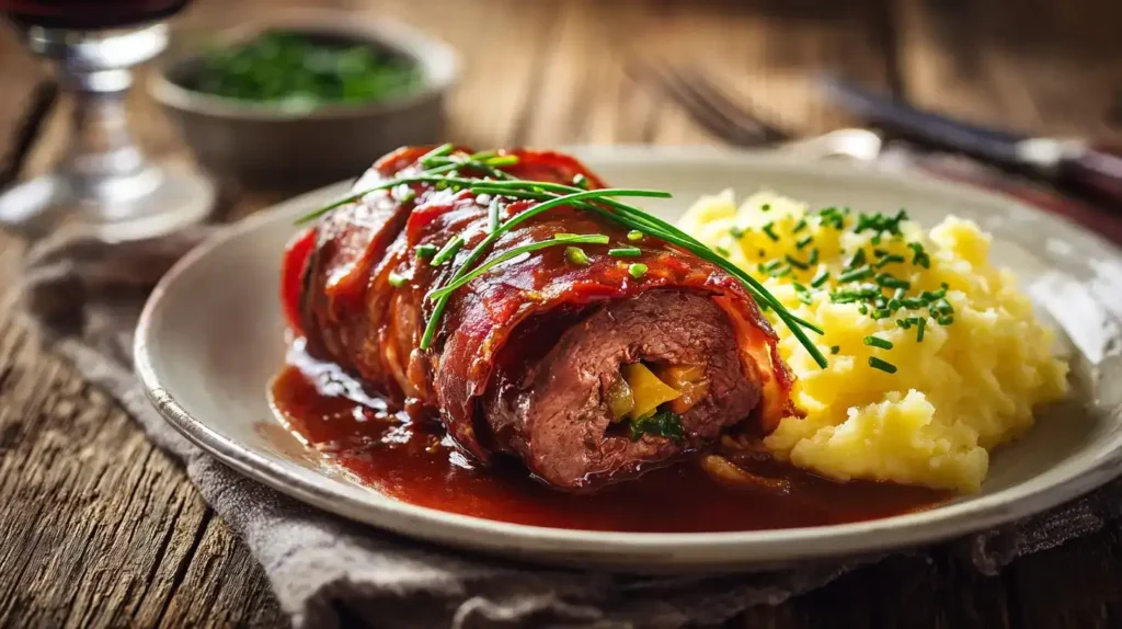 Klassische Rinderroulade – Ein Familienrezept mit Herz Klassische Rinderroulade mit Sauce, serviert auf Teller mit Kartoffelpüree