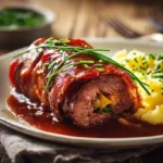 Klassische Rinderroulade mit Sauce, serviert auf Teller mit Kartoffelpüree