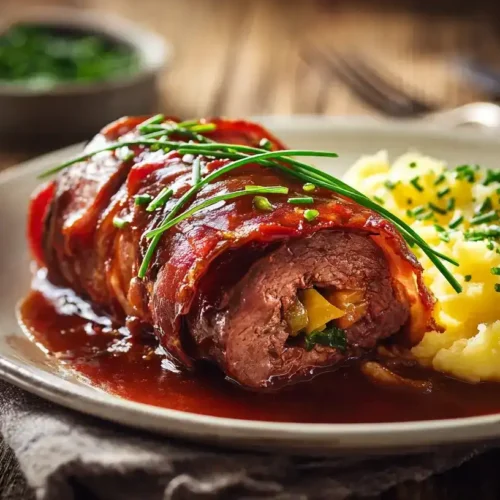 Klassische Rinderroulade mit Sauce, serviert auf Teller mit Kartoffelpüree
