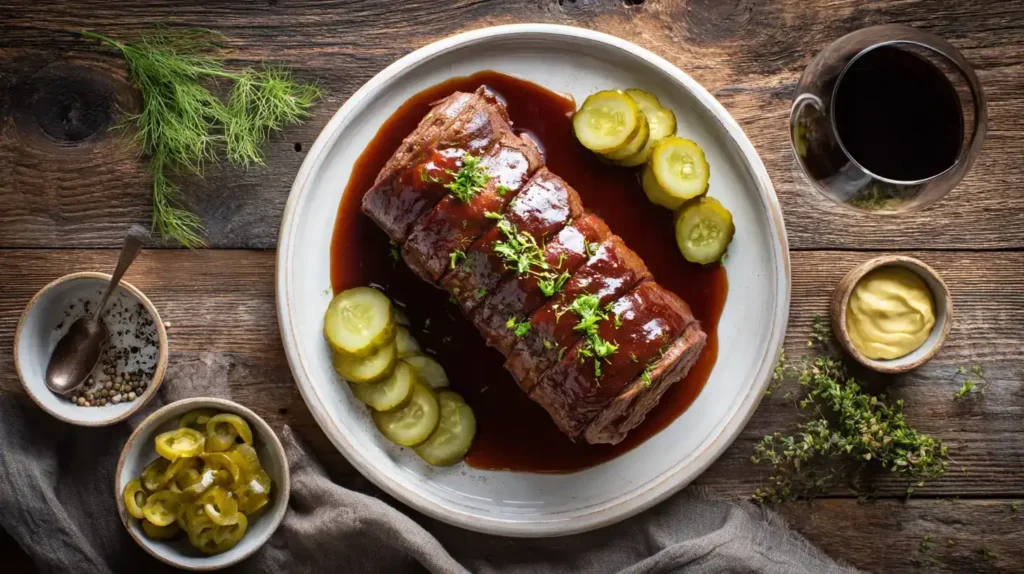 Rinderroulade mit Speck, Gewürzgurke und Senf, Zutaten rundherum arrangiert