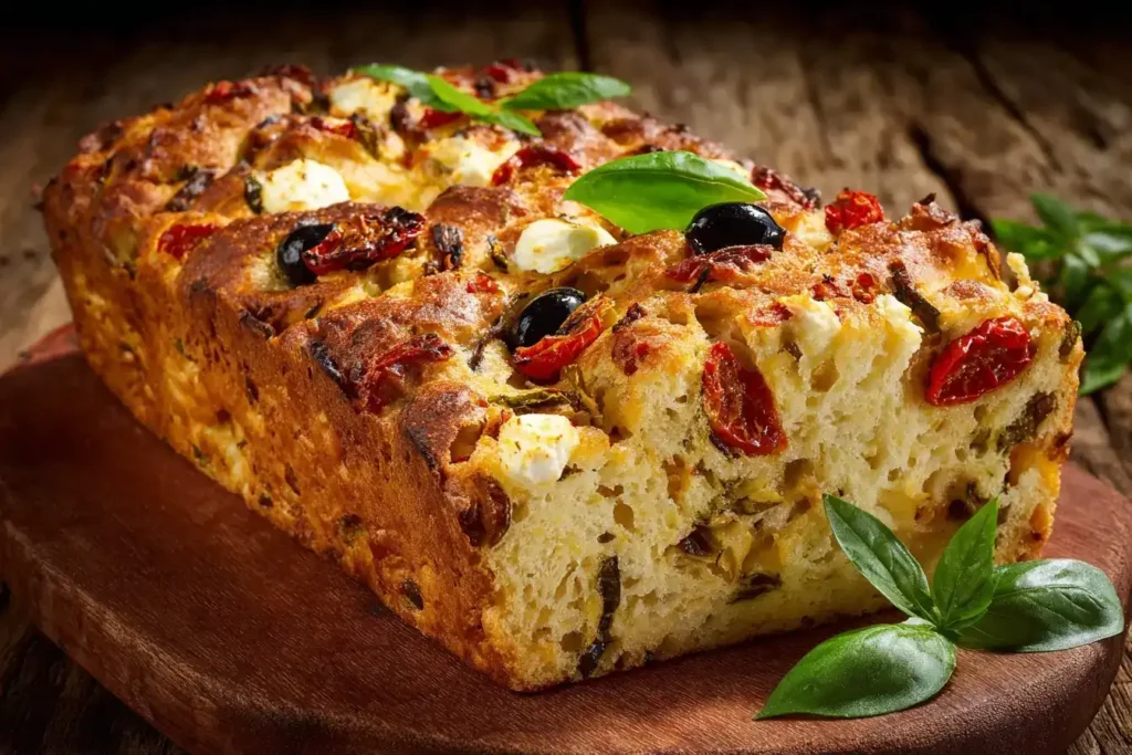 Einfaches Mediterranes Kastenbrot Einfaches Mediterranes Kastenbrot frisch gebacken mit Mozzarella, Oliven und Tomaten