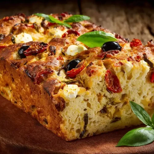 Einfaches Mediterranes Kastenbrot frisch gebacken mit Mozzarella, Oliven und Tomaten