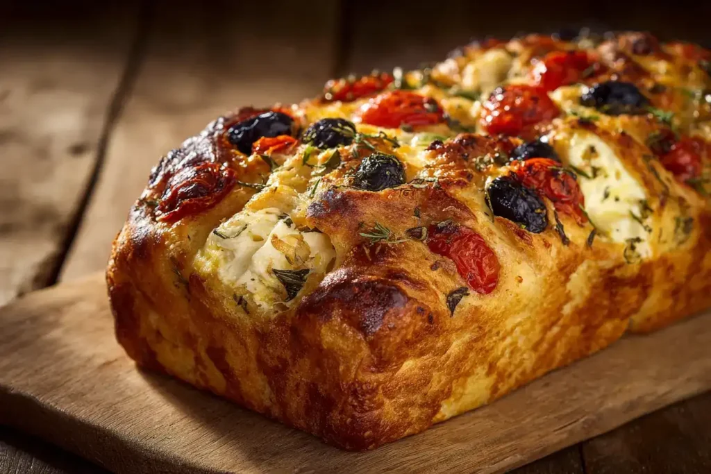 Einfaches Mediterranes Kastenbrot in der Mitte, umgeben von Mozzarella, Oliven und getrockneten Tomaten