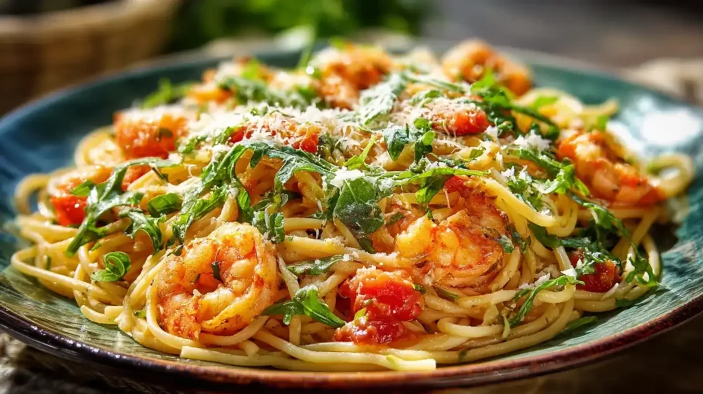 Frisch zubereitete Pasta Pomodoro mit Garnelen und Rucola auf rustikalem Teller