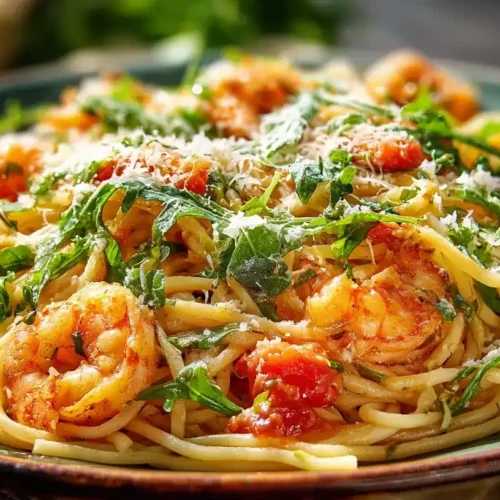 Frisch zubereitete Pasta Pomodoro mit Garnelen und Rucola auf rustikalem Teller