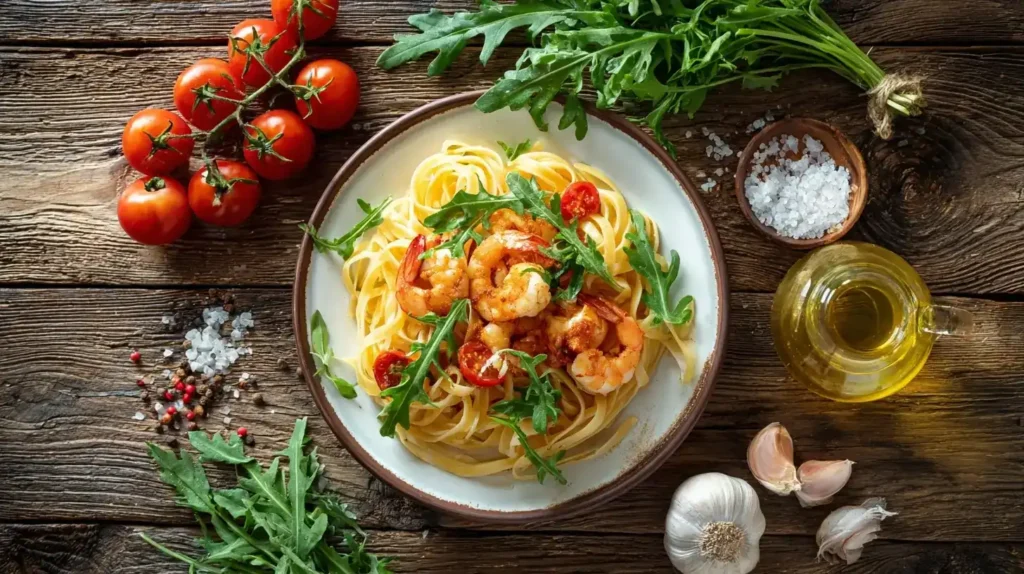 Mediterranes Pasta-Gericht mit Tomatensoße, Garnelen, Rucola und Parmesan