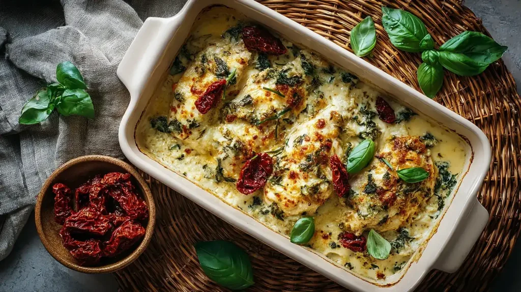 Portion Sahne Hähnchen mit Mozzarella auf Teller mit Pasta