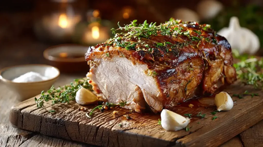 Saftiger Salzbraten mit Knoblauch und Thymian auf einem rustikalen Holzbrett