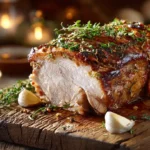 Saftiger Salzbraten mit Knoblauch und Thymian auf einem rustikalen Holzbrett