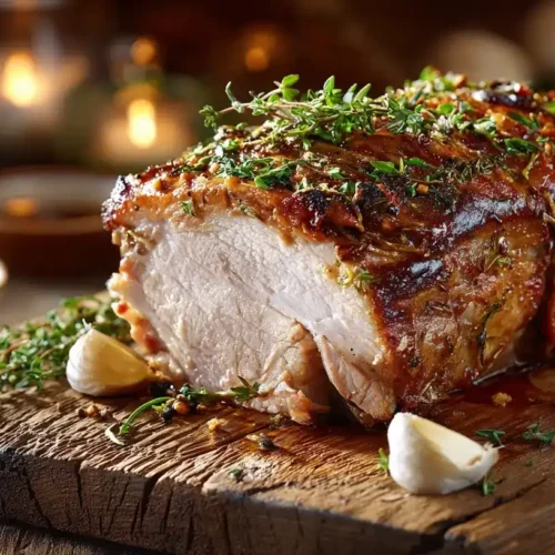 Saftiger Salzbraten mit Knoblauch und Thymian auf einem rustikalen Holzbrett