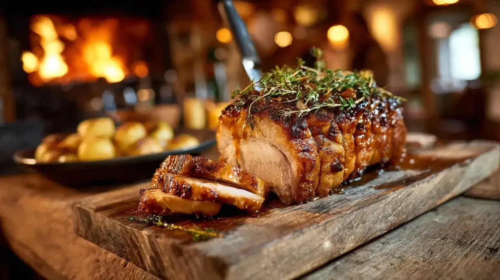 Servierter Salzbraten mit goldbrauner Kruste und frischen Kräutern, perfekt für Familienessen