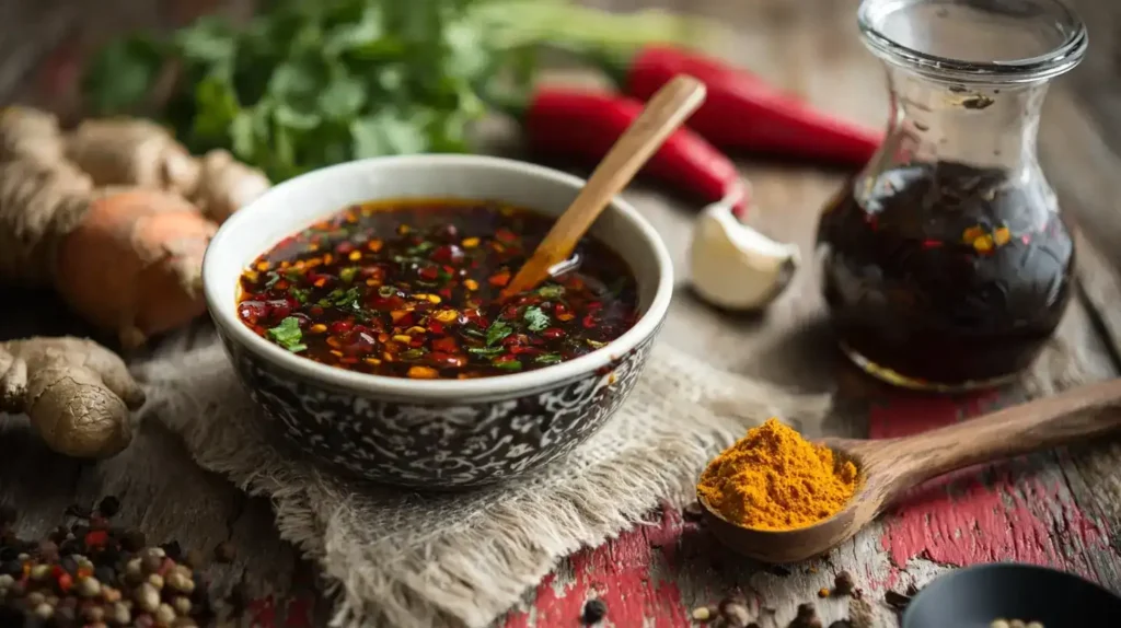 Selbstgemachte Teriyaki-Sauce serviert zu Hähnchen und Reis