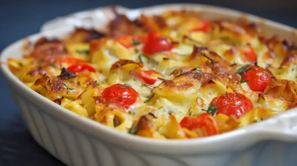 Cremiger Tortellini-Auflauf mit Gemüse und Schinken, frisch aus dem Ofen, goldbraune Käsekruste