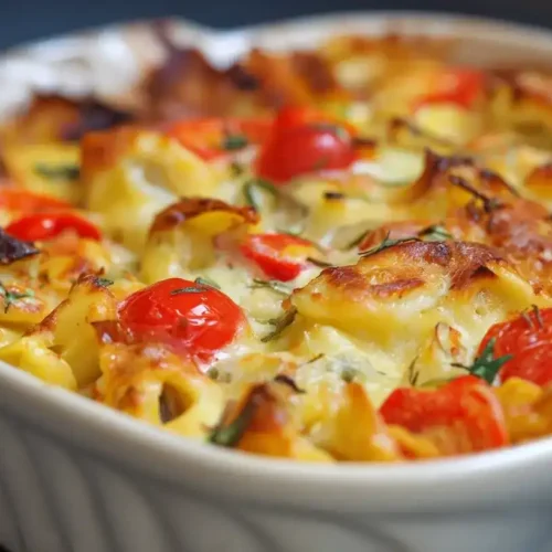 Cremiger Tortellini-Auflauf mit Gemüse und Schinken, frisch aus dem Ofen, goldbraune Käsekruste