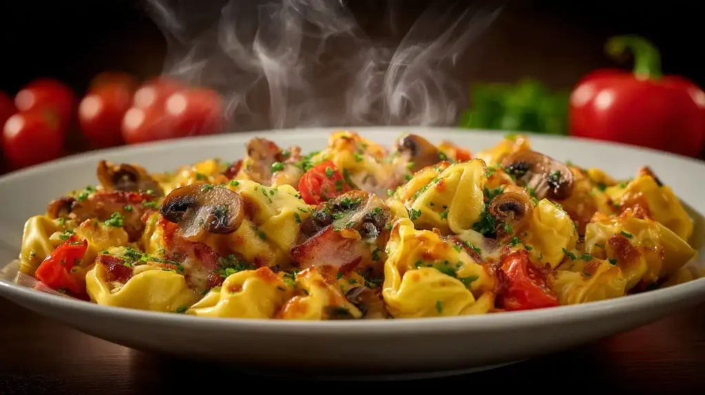 Tortellini-Auflauf mit frischen Zutaten, Kirschtomaten, Paprika und Champignons, servierfertig