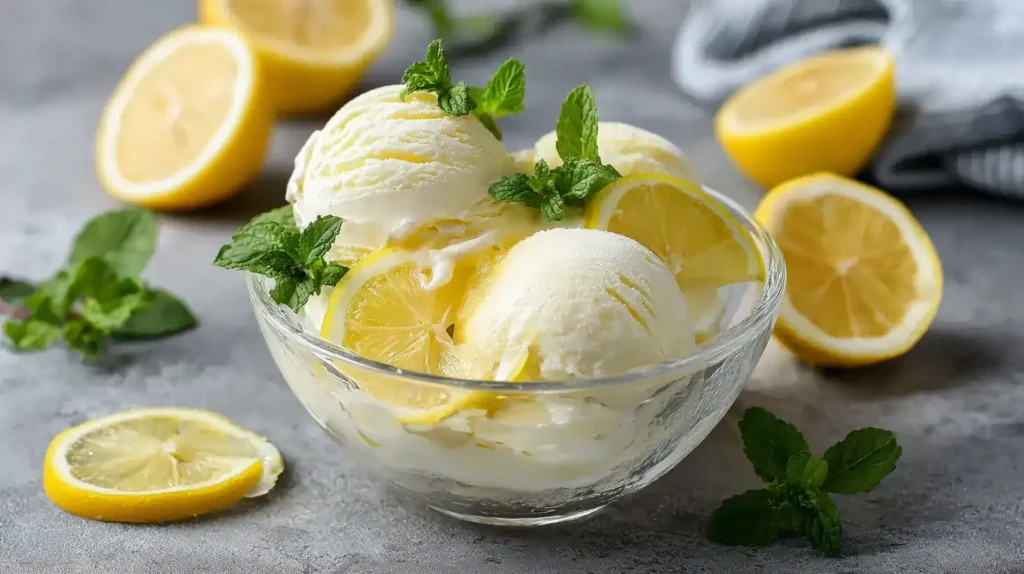Selbstgemachtes Zitroneneis ohne Eismaschine mit Zitronenscheiben