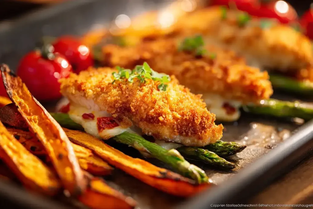 Zutaten für Hähnchenbrust Cordon bleu Art mit Süßkartoffeln, Spargel und Tomaten