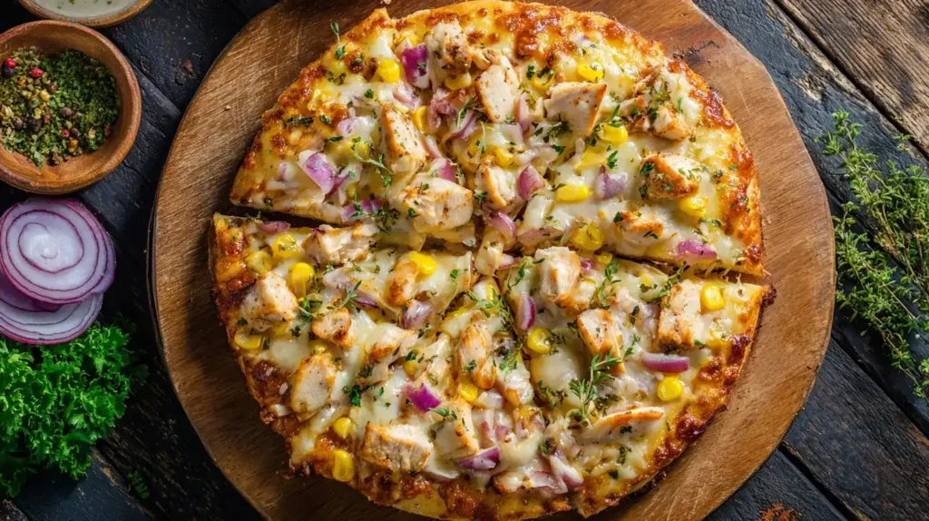 American Pizza mit Hühnchen, Mais, Zwiebeln und geschmolzenem Gouda