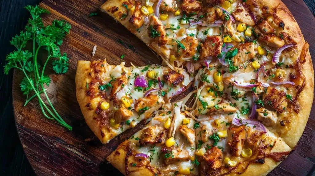 Frisch gebackene American Pizza mit Hühnchen, cremiger Curry-BBQ Sauce und knusprigem Rand