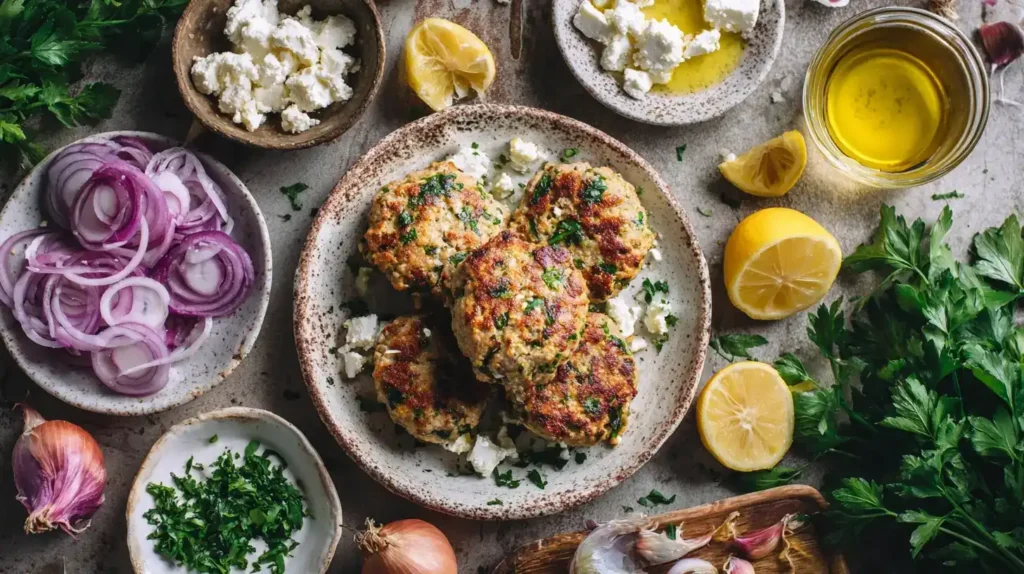 Gegrillte Bifteki mit Schafskäsefüllung, Petersilie und Oregano auf Teller serviert