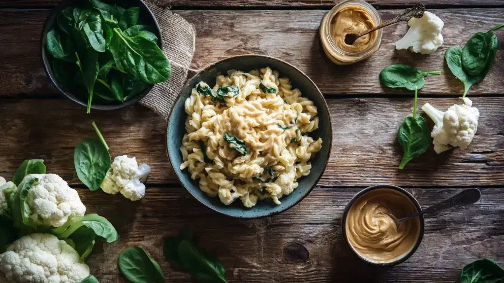 Zubereitung von Blumenkohl-Pasta mit cremiger Erdnussbuttersoße in der Pfanne